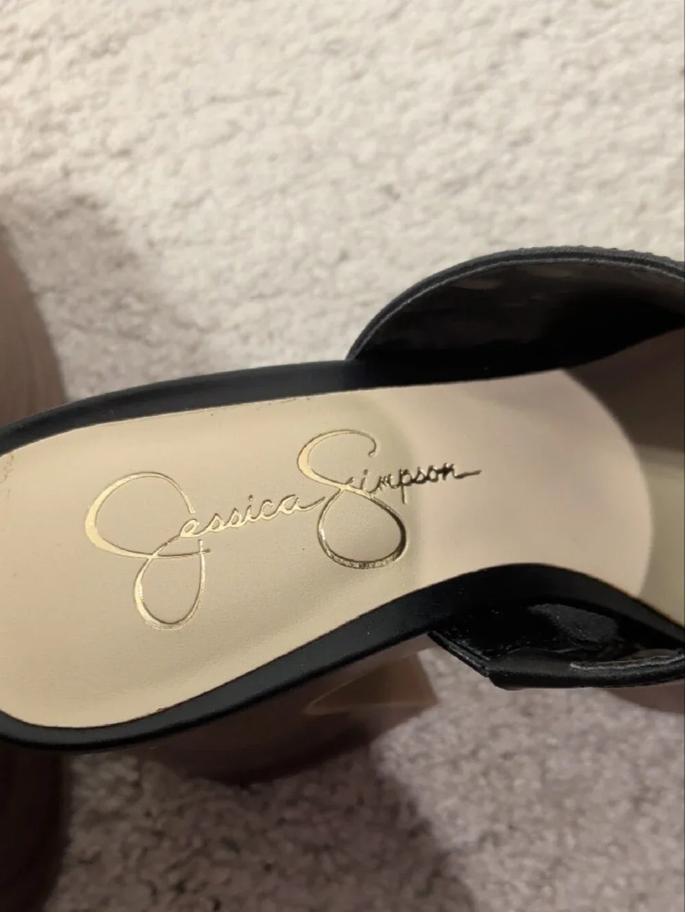 Jessica Simpson Black Platform Slide Sandals with Wood-Look Block Heel